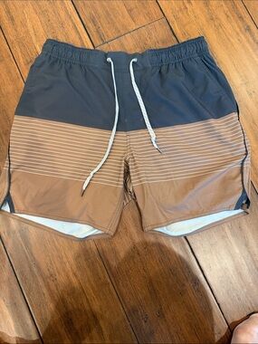 Vuori Grey and Brown Striped Swim Trunks with White Drawcord